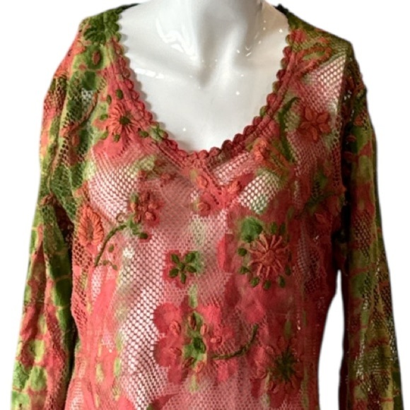 Raj Boho Floral Embroidered Coral & Green Cotton Mesh Tunic Size Medium - Picture 3 of 12